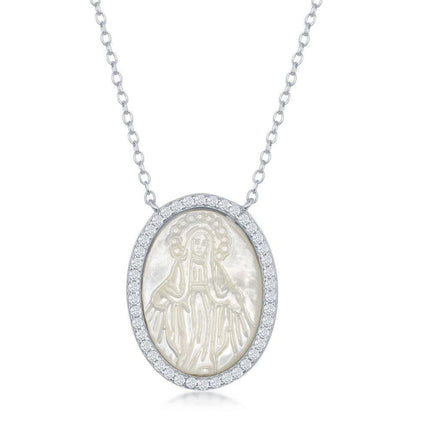 Sterling Silver MOP Virgin Mary with CZ Border Necklace ,