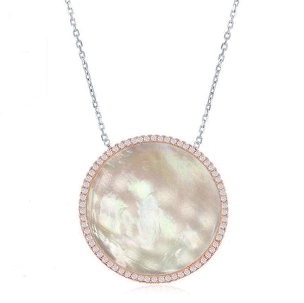 Sterling Silver Mother of Pearl Disc with CZ Border Necklace ,