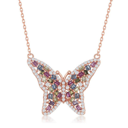 Sterling Silver Multi-Color Butterfly Necklace - Rose Gold Plated ,