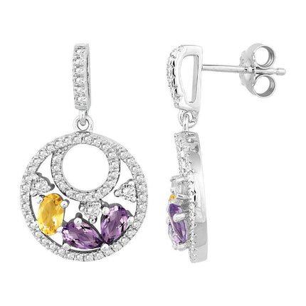 Sterling Silver Multi Pear Amethyst Earrings ,