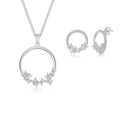 Sterling Silver Multi-Shaped CZ Open Circle Pendant & Earrings Set With Chain ,