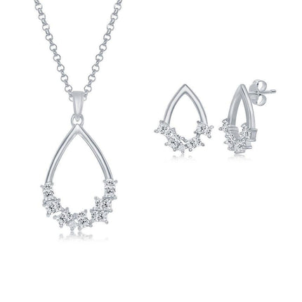 Sterling Silver Multi-Shaped CZ Open Pear-Shaped Pendant & Earrings Set With Chain ,