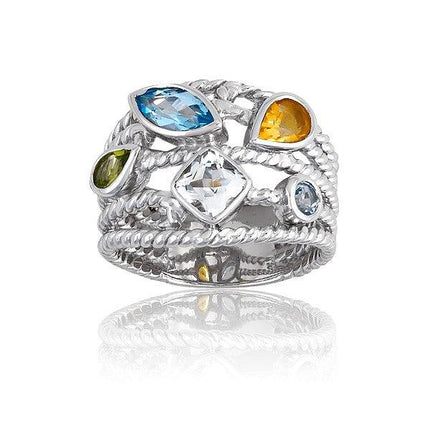 Sterling Silver Multi-Shaped Gemstone 5-Strand Ring, Size 6 ,