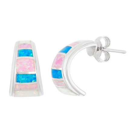 Sterling Silver Multicolor Opal Half Hoop Earrings ,