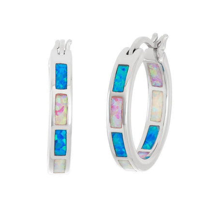 Sterling Silver Multicolor Opal Hoop Earrings ,