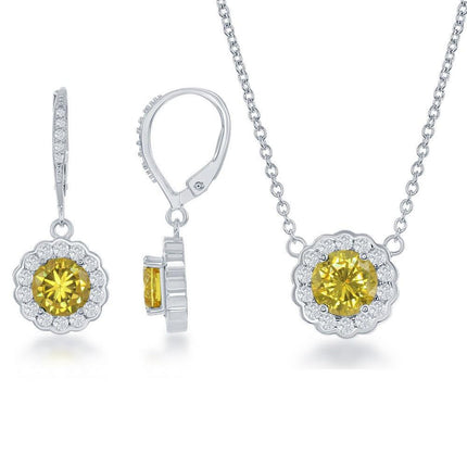 Sterling Silver November Birthstone With CZ Border Round Earrings and Necklace Set ,