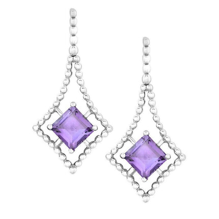 Sterling Silver Open Beaded Square with Center Square Amethyst Earrings ,