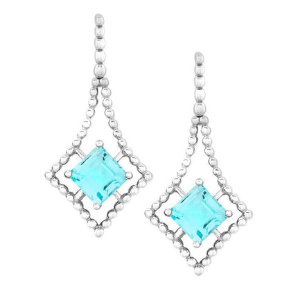 Sterling Silver Open Beaded Square with Center Square Blue Topaz Earrings ,