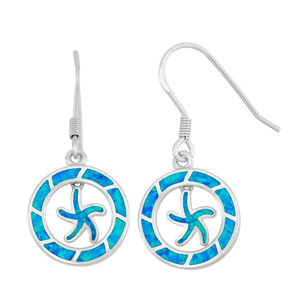 Sterling Silver Open Blue Inlay Opal Circle with Center Starfish Earrings ,