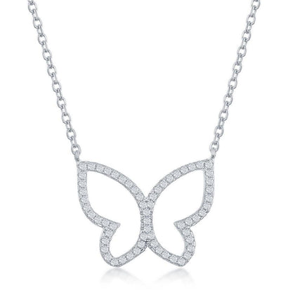 Sterling Silver Open Butterfly Cubic Zirconia Necklace ,