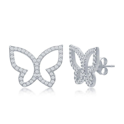 Sterling Silver Open Butterfly CZ Stud Earrings ,