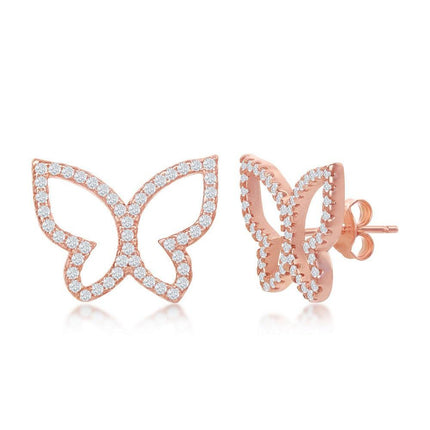 Sterling Silver Open Butterfly CZ Stud Earrings - Rose Gold Plated ,