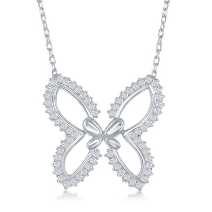 Sterling Silver Open Butterfly with CZ Border Necklace ,