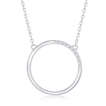 Sterling Silver Open Circle Half Cubic Zirconia Necklace ,