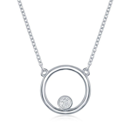 Sterling Silver Open Circle with Bezel-Set CZ Necklace ,