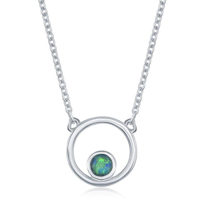 Sterling Silver Open Circle with Blue Inlay Opal Necklace ,