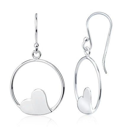 Sterling Silver Open Circle with Flat Center Heart Earrings ,