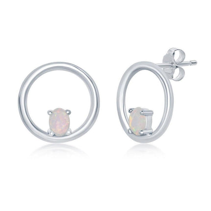 Sterling Silver Open Circle with Four-Prong White Opal Stud Earrings ,
