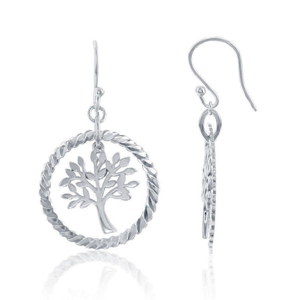 Sterling Silver Open Circle with Hanging Tree Earrings ,