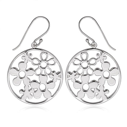 Sterling Silver Open Circle with Multiple Flowers Earrings ,