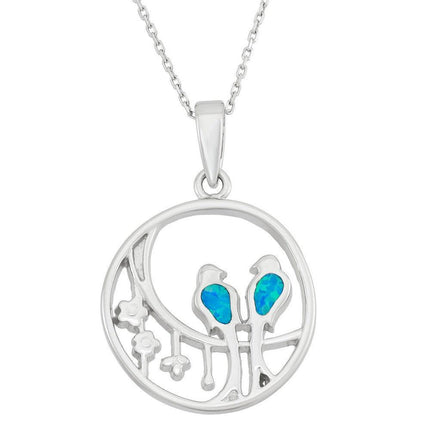 Sterling Silver Open Circle with Opal Birds Pendant ,