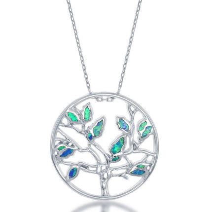 Sterling Silver Open Circle with Opal Tree Pendant ,