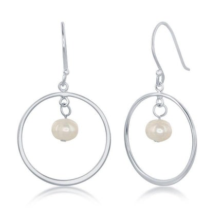 Sterling Silver Open Circle with Pearl Earrings ,