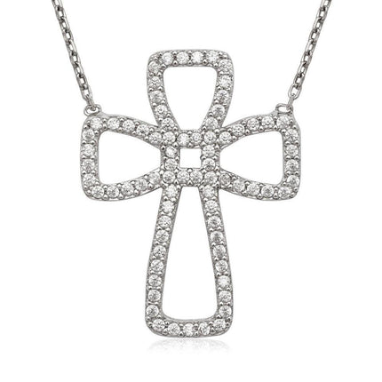 Sterling Silver Open Cubic Zirconia Cross Necklace ,