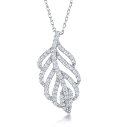 Sterling Silver Open Cubic Zirconia Leaf Design Necklace ,