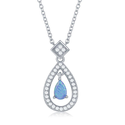 Sterling Silver Open CZ Border and Center Opal Teardrop Necklace ,