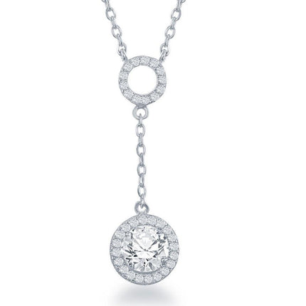 Sterling Silver Open CZ Circle with Round Dropdown CZ Necklace ,