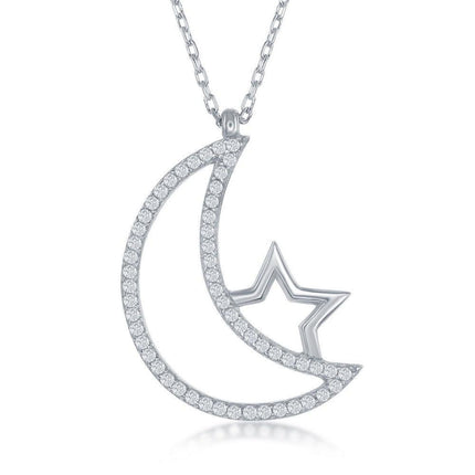 Sterling Silver Open CZ Crescent Moon and Star Necklace ,