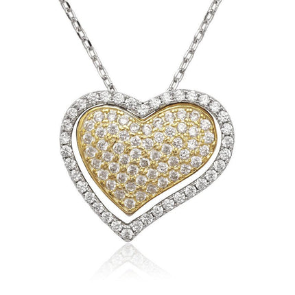 Sterling Silver Open CZ Heart with GP CZ Heart Necklace ,