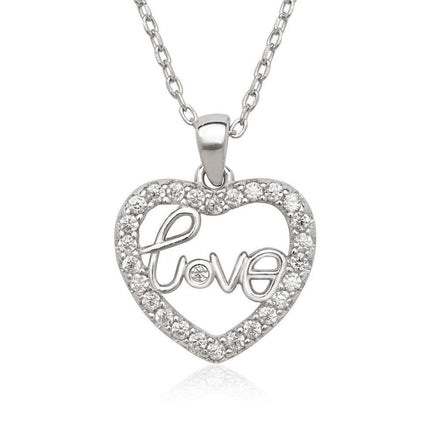 Sterling Silver Open CZ Heart with Love Center Necklace ,