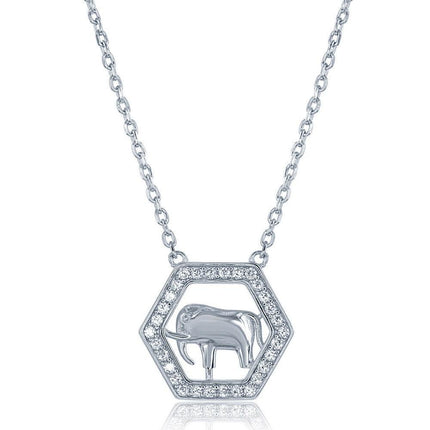 Sterling Silver Open CZ Hexagon with Center Elephant Necklace ,
