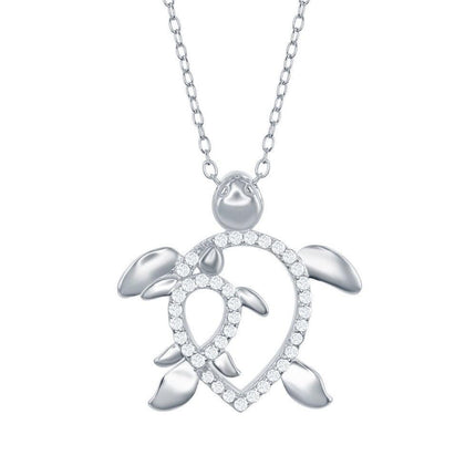 Sterling Silver Open CZ Turtle with Baby CZ Turtle Necklace ,