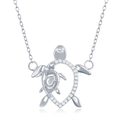 Sterling Silver Open CZ Turtle with Smaller Turtle Necklace ,
