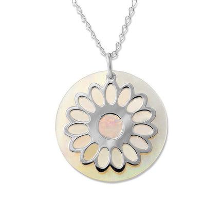 Sterling Silver Open Daisy Round MOP Disc Necklace ,