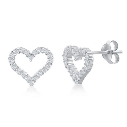 Sterling Silver Open Heart CZ Stud Earrings ,