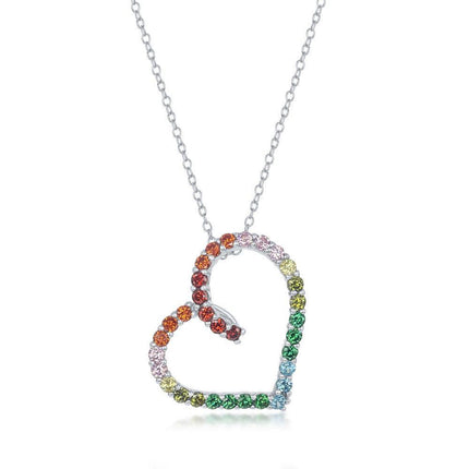 Sterling Silver Open Heart Rainbow Cubic Zirconia Necklace ,
