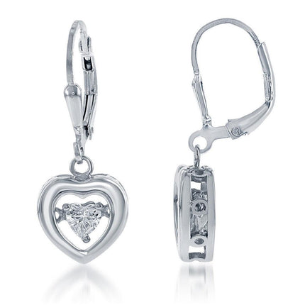 Sterling Silver Open Heart with Center Dancing CZ Earrings ,