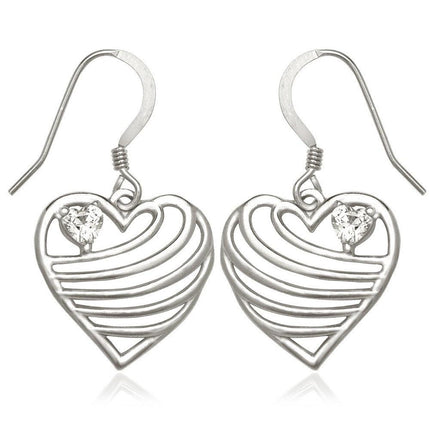 Sterling Silver Open Lined Heart CZ Heart Earrings ,