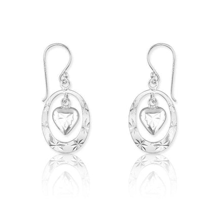 Sterling Silver Open Oval with Center Dangling Heart Earrings ,