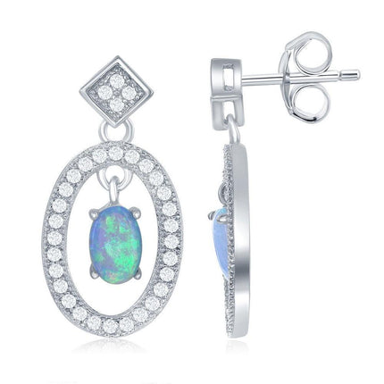 Sterling Silver Open Oval with Center Opal and CZ Border Earrings ,