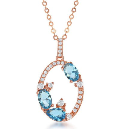 Sterling Silver Open Oval with CZ Border with Blue CZs Pendant - Rose Gold Plated ,