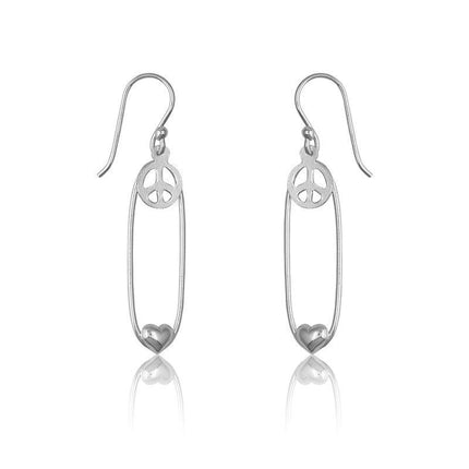 Sterling Silver Open Oval with Peace Sign and Heart Earrings ,