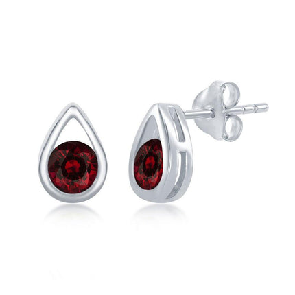 Sterling Silver Open Pear shape Garnet Stud Earrings ,
