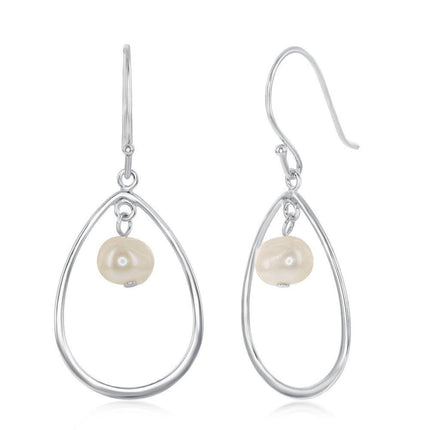 Sterling Silver Open Pear Shape with Pearl Earrings ,