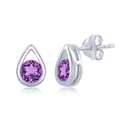 Sterling Silver Open Pear Shaped Amethyst Earrings ,