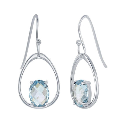 Sterling Silver Open Pear-Shaped Four-Prong Blue Topaz Earrings ,